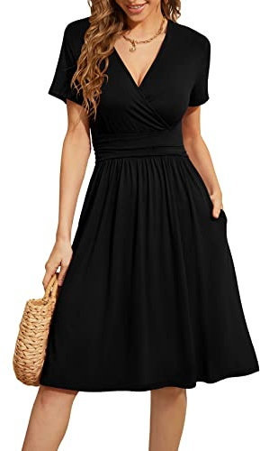 WEACZZY Summer Dress for Women Casual Short Sleeve Black Dresses Wrap V-Neck Party Dress with Pockets,Black,XL