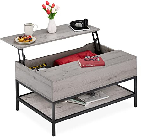 Relaxdays Coffee Table, with Lift Top, Living Room with Storage Space, Wooden Look, HxWxD: 45.5 x 90 x 60 cm, Grey/Black, Fibreboard, 58 x 90 x 86.5 cm
