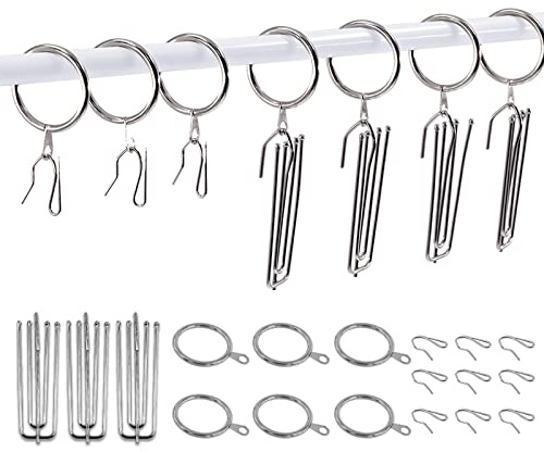 Swpeet 120 st silver 1,35 tum – 30 mm metalldraperi gardinringar gardin hängande ringar och rostfritt stål 4 stift klämkrok med draperi gardin Pin-on krokar stift för fönster, duschdraperi