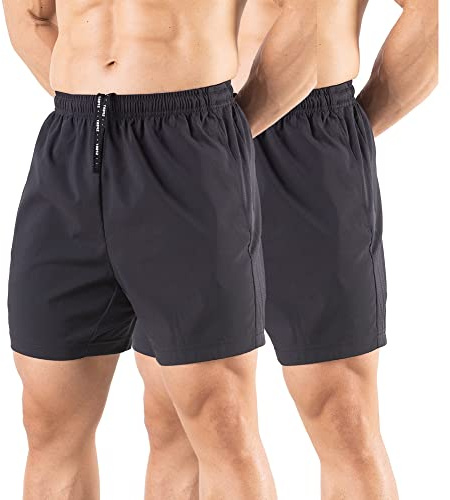 Gaglg Men's 5 Running Shorts 2 Pack Quick Dry Athletic Workout Gym Shorts with Zipper Pockets Black/Black,Large