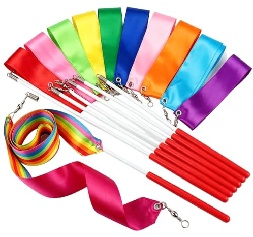 QUUPY 12PCS Dance Ribbons Streamers, Rhythmic Gymnastics Ribbon with Wand, Silk Dance Ribbon for Dancer Training, Stage Performance, Gymnastics Exercise