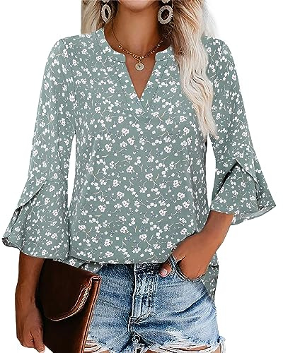 Gaharu Work Clothes for Women Juniors 3/4 Sleeve Tops and Blouses Dressy Casual V Neck Chiffon Blouse Tunic Tops Business Casual Attire Floral Blouses Multi-Green,M