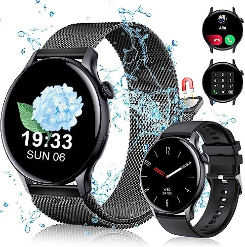 JANOLTY Smartwatch Damen/Herren (1.43 AMOLED-Display, 2* Uhrenarmbänder,IP68 Wasserdicht) Fitnessuhr Tracker mit Telefonfunktion,App-Benachrichtigung,SpO2,Herzfrequenz für iOS und Android(Schwarz)