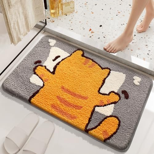 Badezimmerteppich Graue Orange Katze Teppich Weich Flauschig Badematte Saugfähig Schmutzfangmatte Badteppich Mikrofaser Badvorleger rutschfest Waschbar Badezimmermatte 50x80cm