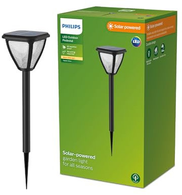 Philips Outdoor Solar Vapora Sockelleuchte Spiess 1,5W, Tageslichtsensor, 2700 Kelvin, IP44 wetterfest, schwarz
