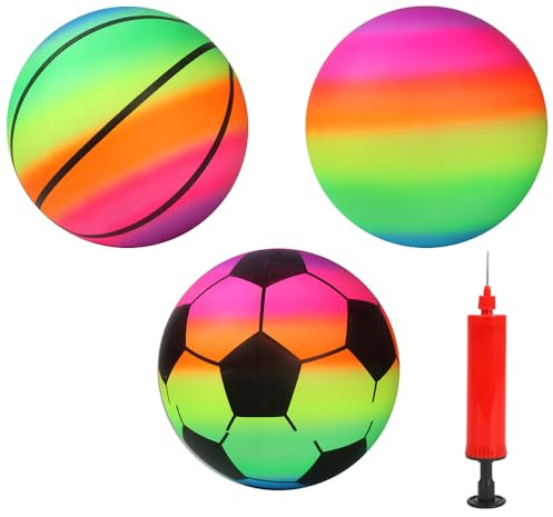 Hojalis 3 Pcs Inflatable Beach Ball with Pump, Toddler Sport Ball Football Basketball Rainbow Ball, Bouncy Beach Balls for Summer Games Outdoor Playground Garden Kids Boys Girls and Adults