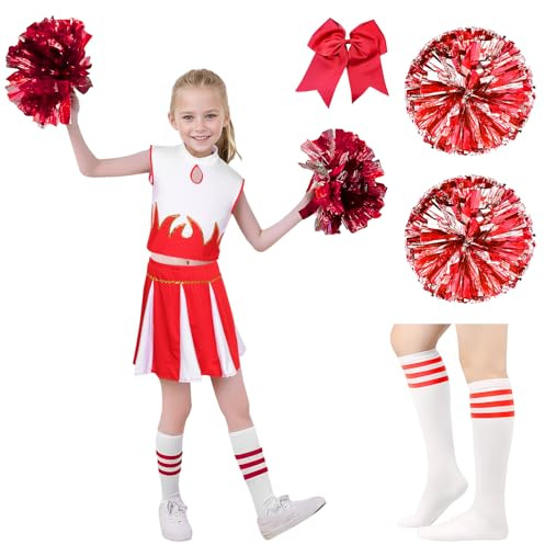HarnyLoom Deguisement Pompom Girl Enfant, Cheerleader Costume Fille Uniforme Tenue Pom-poms Cosplay Chaussettes Bandeau Halloween Carnaval Mascarade 3-12 ans (Rouge, 160)