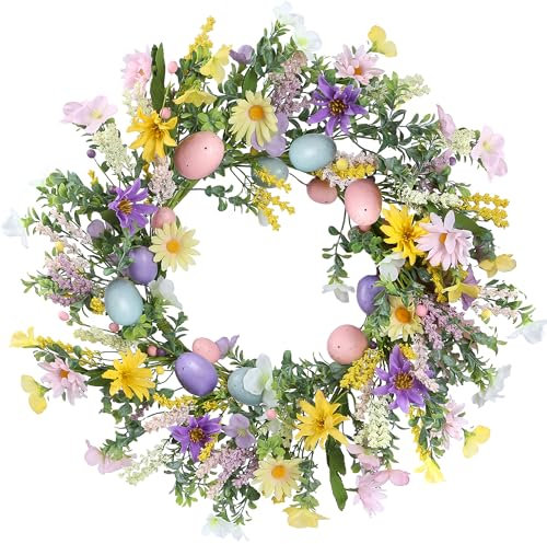Sggvecsy 20 Inch Easter Wreath with Spring Artificial Flower Colorful Eggs Daisies Lavender Eucalyptus Leaves for Front Door Easter Summer Farmhouse Holiday Wall Home Window Decor