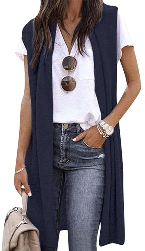 OMZIN Mujeres Loose Spring Vest Solid Color Midi Open Front Knit Sleeveless Cardigan