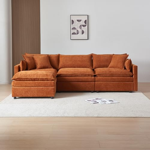 Ligterra Divano con funzione letto, divano ad angolo imbottito, divano a 4 posti, divano con poggiapiedi, divano a forma di L, divano letto per soggiorno, tessuto ciniglia, 276 x 75 x 89 cm (arancione