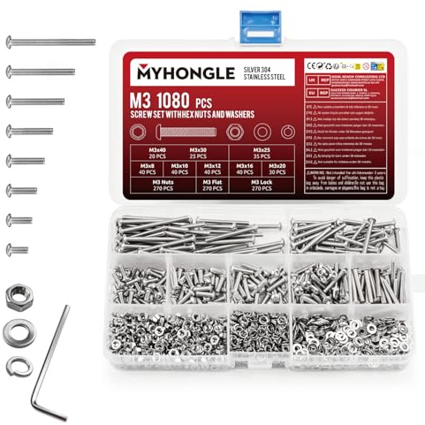 1080 Pcs M3 Screws Set,Bolts and Nuts Set, Assorted Nuts and Bolts Sets, Hex Socket Head Cap Screw with Washers, Pan Round Head Machine Screws Assortment Kit (1080Pcs M3)