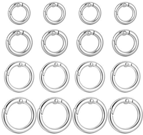 TIESOME 16 PCS Metal Spring Round Carabiner, 4 Sizes O Ring Keychain Clip Silver Round Carabiner Clip Snap DIY Accessories Spring Ring for Keychains Purse Bag Handbag(0.6/0.7/0.8/1 Inch)