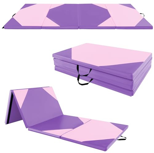COSTWAY Tappetino Ginnastica Pieghevole 300 CM, Tappetino a 4 Pannelli in Similpelle con Gancio, Chiusure a Strappo e Maniglie per Ginnastica, Yoga e Allenamenti da Casa e Palestra (Rosa e viola)