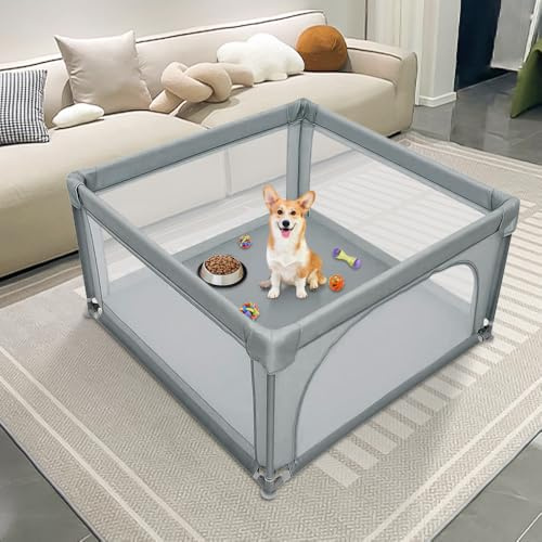 Caja para cachorros con puerta, caja para cachorros o perros pequeños, valla resistente de tejido grueso y malla de nailon muy resistente, lavable a máquina, interior y exterior, 120 x 120 x 66 cm