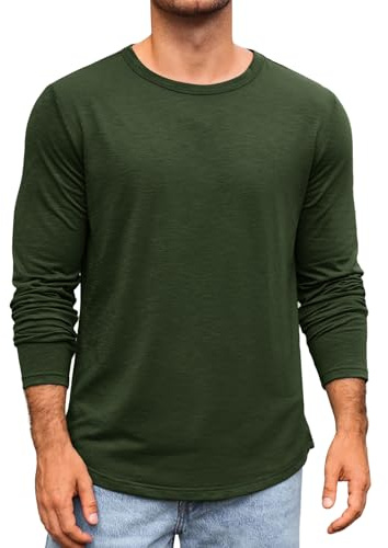 Runcati Camiseta de manga larga para hombre, cuello redondo, manga larga, monocolor, corte regular, parte superior, deporte, ocio, informal, básica, camiseta interior, Verde militar., XXL