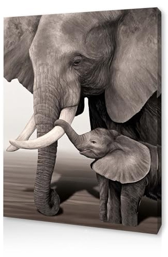 Qiukoo Wall Art – Elephant Mother and Baby Canvas Print, Monochrome Wildlife Artwork for Bedroom, Living Room, Hallway or Stairs, with Pre-Mounted Frame and Hanging Hooks, 12 x 16