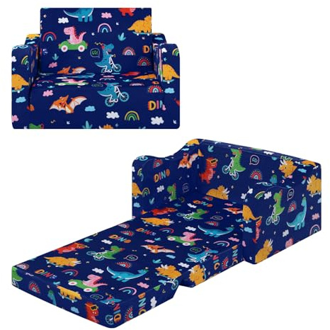 alldomess Convertible Sofa para Niños 2 en 1, Suave Cómoda Sofa para Niñas y Niños, Estable Silla Plegable Niño para Dormitorio Sala de Juegos,Dinosaurios a Caballo