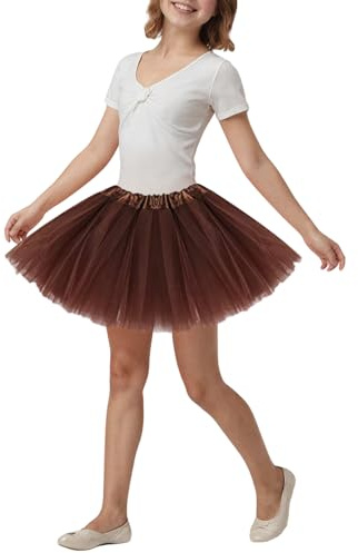 Girls Tutu Skirt 3 Layer Ballet Princess Skirt for Kids Toddlers Soft Dress Up Tulle Petticoat Underskirt for Daily Wear Dance Birthday Party Halloween Cosplay Costume (UK, Age, One Size, Coffee)