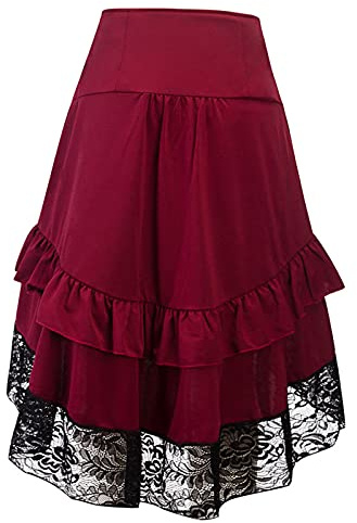 2025 Gonna pirata donna asimmetrica- Gonna medievale vintage orlo pizzo chic elegante pieghe fluidi stile gotico rinascimentale Steampunk casual vittoriano Cosplay Halloween Carnevale Skirt, rosso