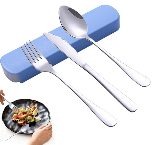 1Pcs Travel Cutlery Set with Case Blue Portable Cutlery Set Individual Picnic Cutlery Reusable Stainless Steel Cutlery Knife Spoon Fork Suitable for Camping Picnic School Office Work
