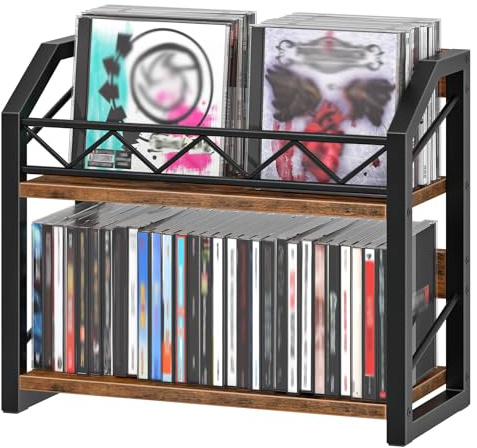 HOOBRO 2-Tier CD Storage, CD Rack with Non-Slip Feet, Holds up to 55 DVDs, CD/DVD Holder, Space-Saving Desktop Organiser, Rustic Brown and Black EBF22CJ01