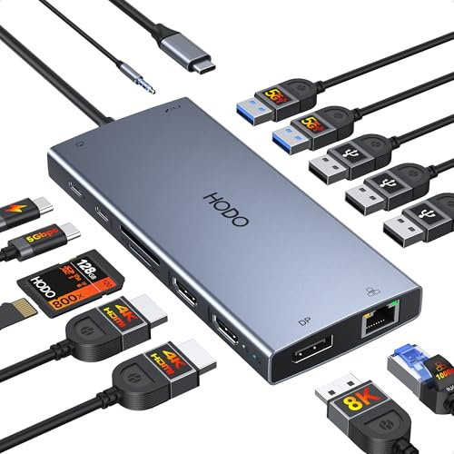 Estación de acoplamiento para ordenador portátil 2 monitores, estación de acoplamiento 15 en 1 con pantalla triple, adaptador USB C Hub con dos HDMI, 8K DisplayPort, Ethernet, PD, 5USB, USB C, ranura