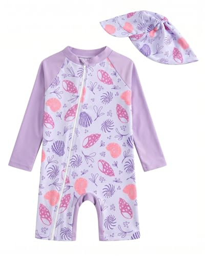 JiAmy Costume da bagno intero a maniche lunghe, con cappello da sole, 3M-3T, Guscio viola, 3-6 Mesi
