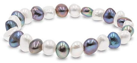 Secret & You Pulsera de Mujer de Perlas Cultivadas de Agua Dulce Blancas y de Colores de 8-9 mm Barrocas 22 perlas en total - Pulsera elástica de 18 cm.