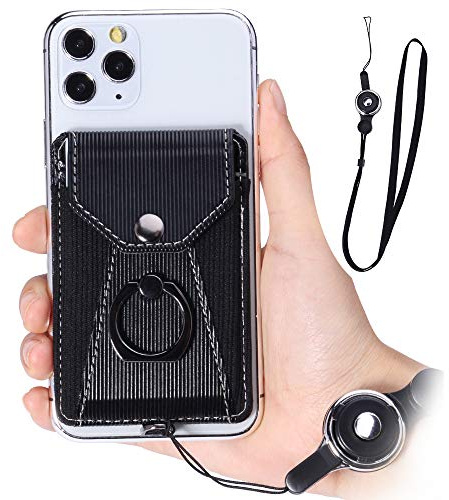 YUNCE Cell Phone Card Holder,Card Holder for Back of Cell Phone with Ring Grip Stand,Adhesive Stick-on Credit Card Wallet Pocket with Detachable Neck Strap Black