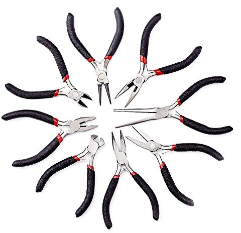 Givenny Schmuckzangen-Set aus Karbonstahl, 10,5–15 cm, mit schwarzer, runder, gebogener, flacher, langer Kettenzange, Seiten, Drahtschneider, Endschneidezange für DIY-Schmuckherstellung, 8-teilig