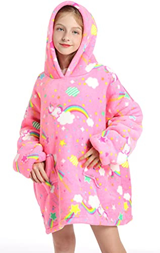NLAND Sweat à Capuche Surdimensionné pour Enfants Couverture à Capuche pour Filles et Garçons Douce et Chaude Couverture Portable en Flanelle avec Manches et Poche(Rose,Taille Unique)