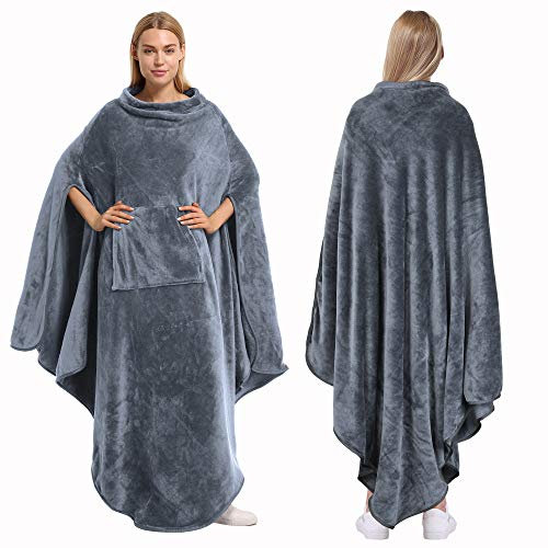 Catalonia Classy Warmer Tragbarer Poncho Decke, Große Weiche Flauschige Decke, Wrap Throw Cape mit Tasche, Kuschelige Komfort Geschenke für Erwachsene Frauen Männer, Grau
