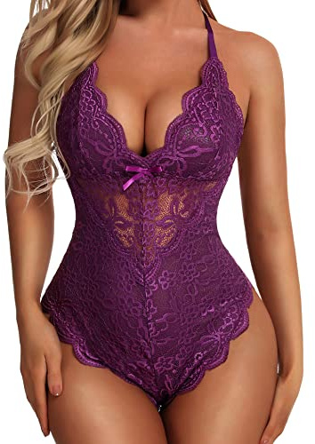 Aranmei Body sexy con entrepierna a presión para mujer, lencería de encaje de una pieza