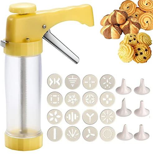 LTLWSH Prensa para Galletas, Jeringa para Adornar, Máquina de Galletas, Prensa de Galletas, Accesorio para Hornear con 16 Plantillas y 6 Boquillas para Pasteles y Galletas,Amarillo