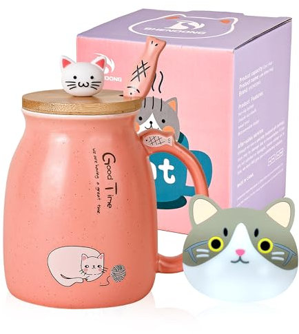 Chat Tasse Jolie tasse à café en céramique avec couvercle et cuillère en bois chat kawaii Nouveauté Morning Cup Tasses à thé au lait au café Tasses de chat pour les amoureux des chats Femmes (Rose)