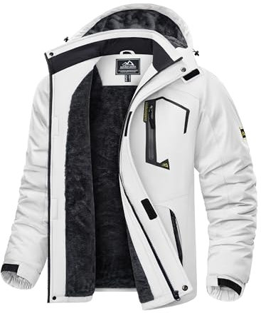KEFITEVD Skijacke Herren Winddicht Softshelljacke Winter Warm Outdoorjacke mit Kapuze Wasserabweisend Atmungsaktiv Übergangsjacke für Snowboard Wandern Weiß S