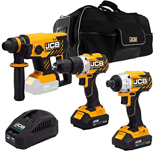 JCB 18V Brushless Cordless Combi Drill, Impact Driver & SDS Rotary Hammer Drill, 2X 2.0Ah Battery, Fast Charger, Variable Speed & LED Light, Belt Clip, 20+3 Position, Power Tool Case, 3 Year Warranty