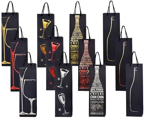 12 Stück Schwarze Wein-Geschenktüten, Flaschentüten für Einzelne Wein, Papier Weintragetaschen Weintüten Geschenktaschen, Kraft Weinbeutel Verpackungtasche für Weiß Rotwein Prosecco Champagner
