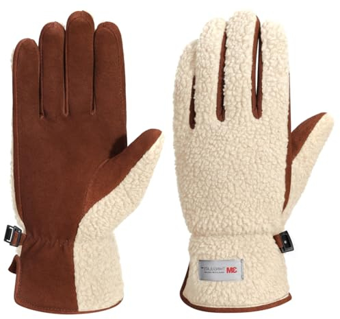 Harssidanzar Mujeres Guantes de Invierno de Cuero al Aire Libre de Piel de Oveja de Gamuza Guantes de esquí Forro Polar SL021EU,Beige/Marrón Claro,Talla L