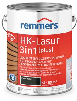 Remmers HK-Lasur 3 in 1 [plus] ebano, opaco, 5 litri, vernice protettiva per legno di alta qualità, 3 in 1, ad asciugatura rapida, durevole