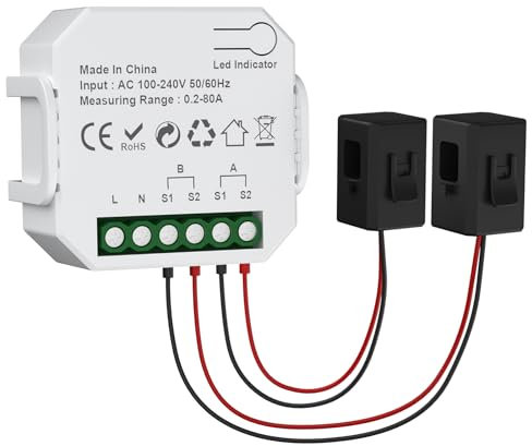 eMylo 2-Kanal WiFi Power Meter 80A+80A Smart Energy Monitor, Clamp-on Amperemeter, 2.4GHz WiFi, Echtzeit-Überwachung, Smart Life/TUYA APP, Home Power Monitor, Kompatibel mit Alexa und Google Assistant