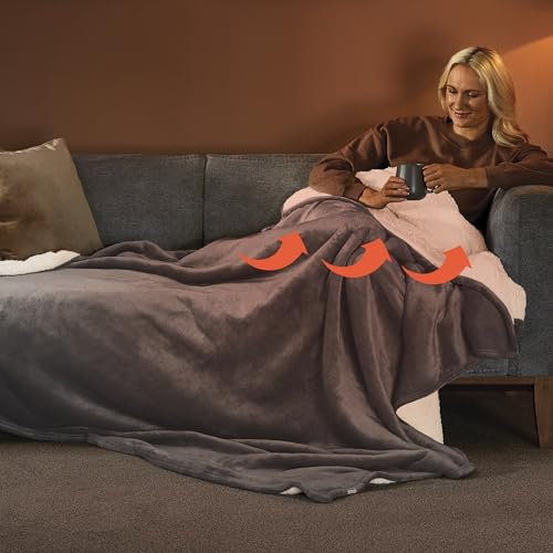 Silentnight Heat Genie Self Heating Giant Blanket - Cosy Warm Sherpa Fleece Throw with Unique Foil Layer to Retain Heat - Extra Large Reversible for Sofa Couch Bed Camping - 180x240cm, Charcoal