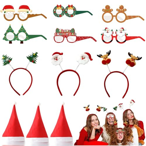MPXEAVG 12 Pcs Gafas de Navidad Set, 6 Gafas Decorativas Navideñas, 3 Diadema de Navidad, 3 Gorro de Papá Noel, Accesorios de Navidad, para Decoración de Fiesta