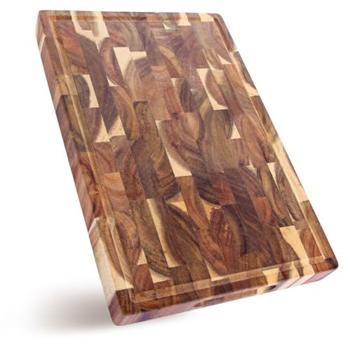 YOUNTHYE Wooden Chopping Boards, 39x26x3.5cm Large End Grain Chopping Board Acacia Wooden Cutting Board, Heavy Duty Butcher Block with Juice Groove, for Kitchen