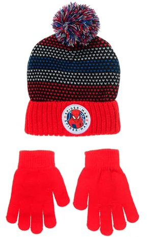 Marvel Spiderman Berretto e guanti per bambini | Regali per bambini | Berretto con pompon | Beanie | Taglie 52 e 54 | Spidey | per ragazzi, Colore: rosso, 54 cm
