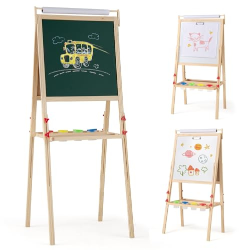 COSTWAY 3 in 1 Cavalletto per Bambini, Cavalletto Doppia Faccia Regolabile con Lavagna Magnetica e Bianca, Rotolo di Carta, 4 Bicchieri per Vernice e Vassoio per Stoccaggio, per Bambini 3-10 Anni