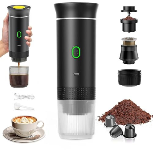 VHV Machine à Cafe Portable,3 En 1 Cafetière à Expresso Chauffage Électrique,12V Expresso Cafetière Rechargeable,Pour Bureau,Voyage, Maison,Compatible avec les Capsules Espresso et Café Moulu (Noir)