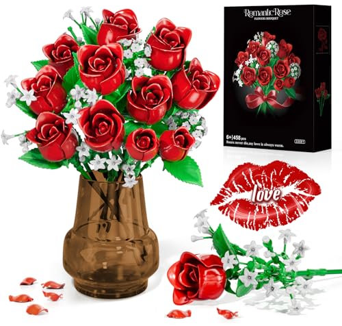 INVITOP Rose Blumen Bausteine Bausatz, Blumenstrauß Bausteine Sets, Künstliche Blumen für Einzigartige Geschenkidee für Mama, Freundin und Mädchen 6 7 8 9 10 11 12+, Vase Nicht Enthalten