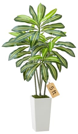 VEVOR Artificial Dracaena Tree 1524 mm, Fake Palm Tropical Plants with White Tall Planter, Faux Floor Silk Plant in Pot, Large Trees for Home Office Living Room Decor House Warming, Indoor Outdoor
