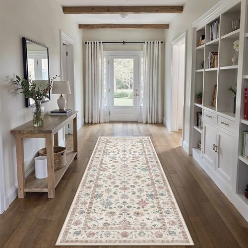 PureCozy Vintage Alfombra Lavable de Pasillo Alfombra para el Hallway 60x180cm de Pelo Corto Antideslizante Suave con Estampado de Flores para Cocinas, Pasillo, Alfombra de Cama, Salón, Dormitorio